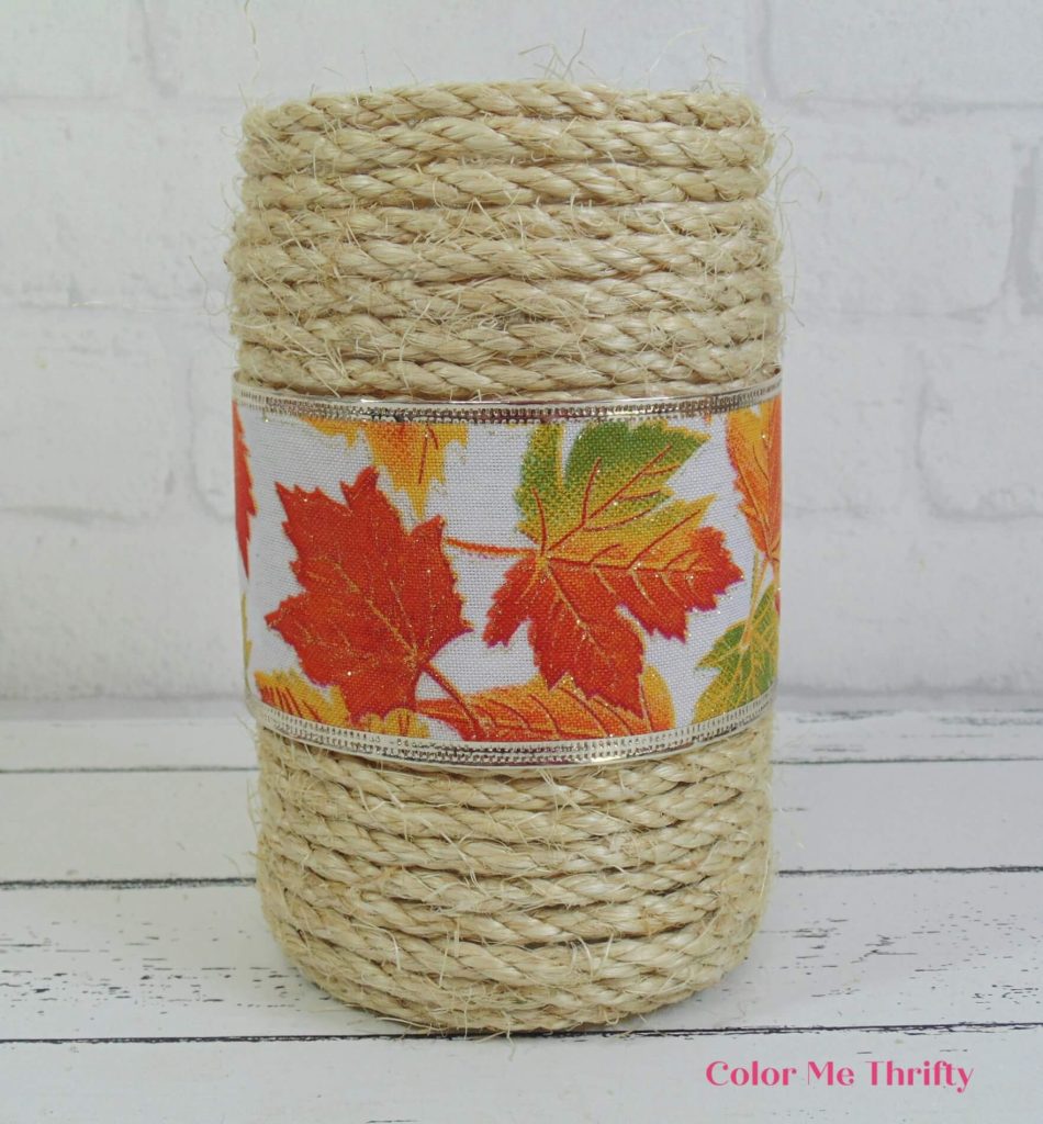 adding fall ribbon around sisal rope vase