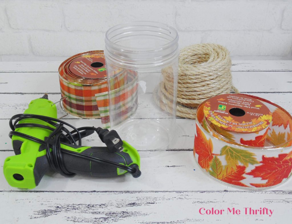 supplies for easy upcycled peanut butter jar into vase