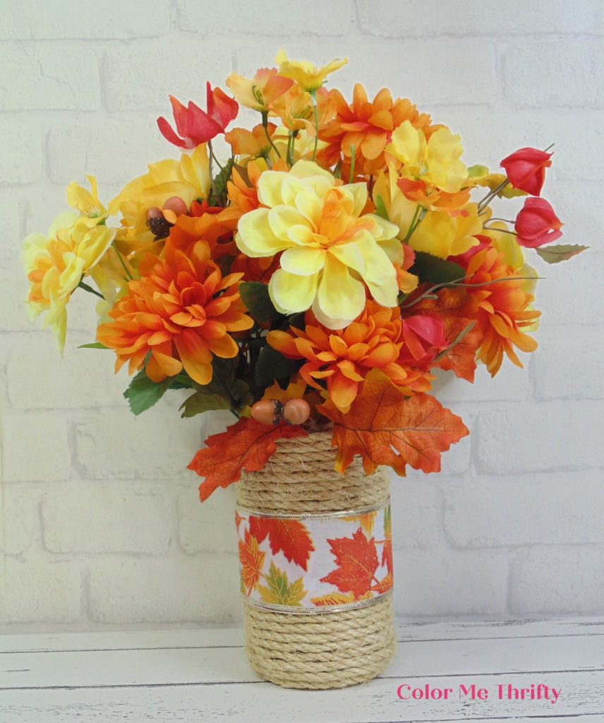 upcycled rope vase with fall flower display
